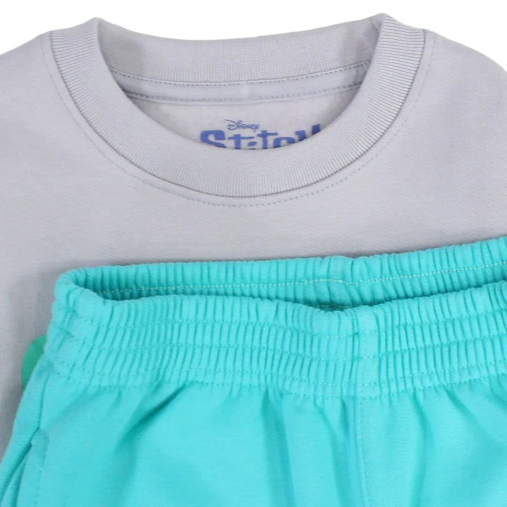 Girls Cotton Pajama Set – Grey & Aqua with Stitch Print