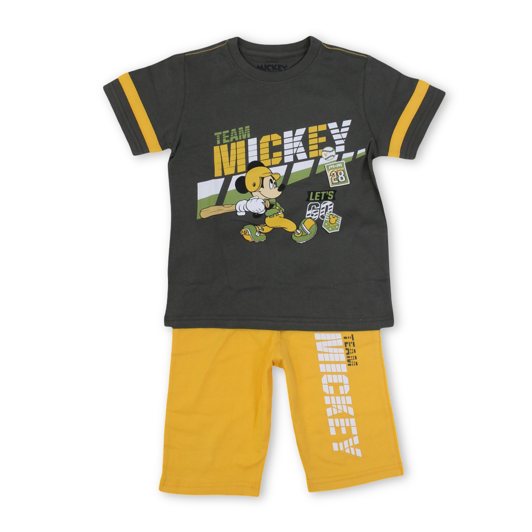 Boys Cotton Pajama – Dark Grey & Yellow with Mickey Mouse Print - Clothing - Morenella
