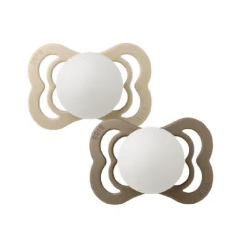 BIBS Pacifier Supreme 2 Pack – Silicone Size 1 Vanilla Glow/Dark Oak Glow