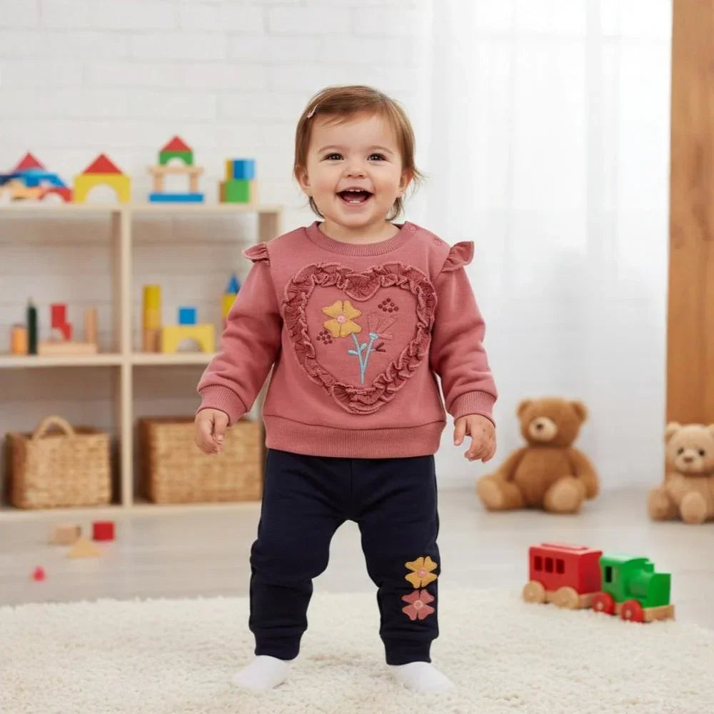 Baby Girls Cotton Pajama Set - Salmon with Cute Heart Design