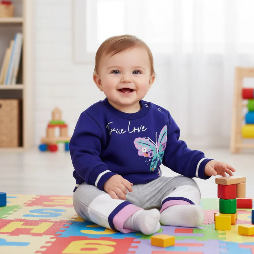 Baby Girls Cotton Pajama Set - Purple with Butterfly Design