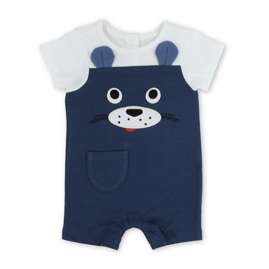 Baby Boys Cotton Romper – Indigo & White with Dog Embroidery - Clothing - Al Sayad