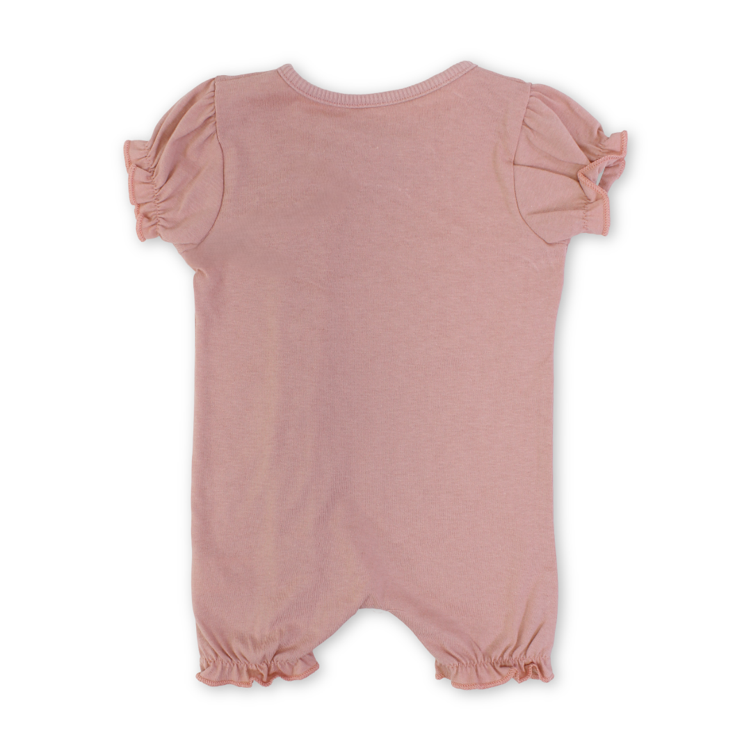 Baby Girls Cotton Romper – Salmon with "Hello Cutie" Print