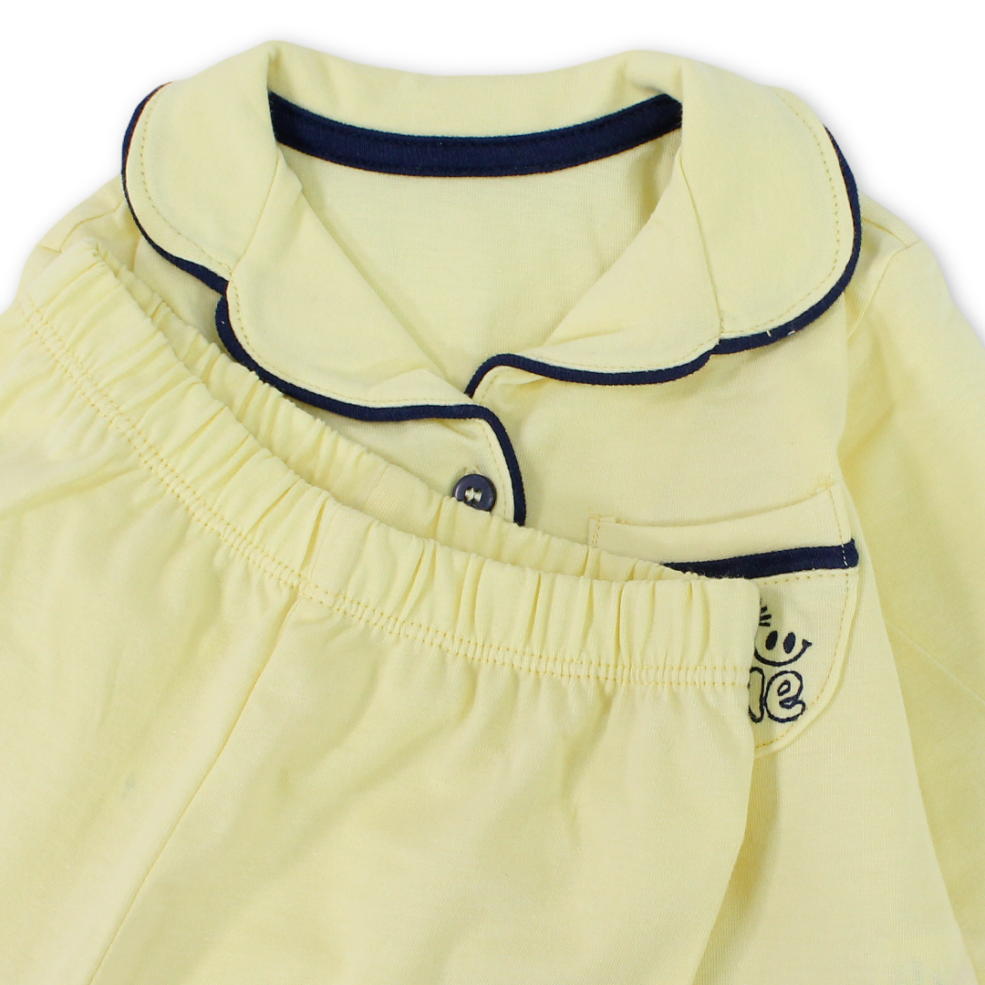 Baby Boys Cotton Pajama – Yellow with "Just Smile" Embroidery