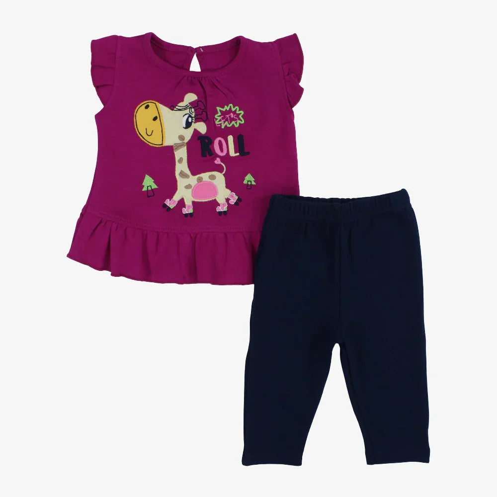 Baby Girls Cotton Pajama Set – Fuchsia with Giraffe Print - Clothing - Al Sayad