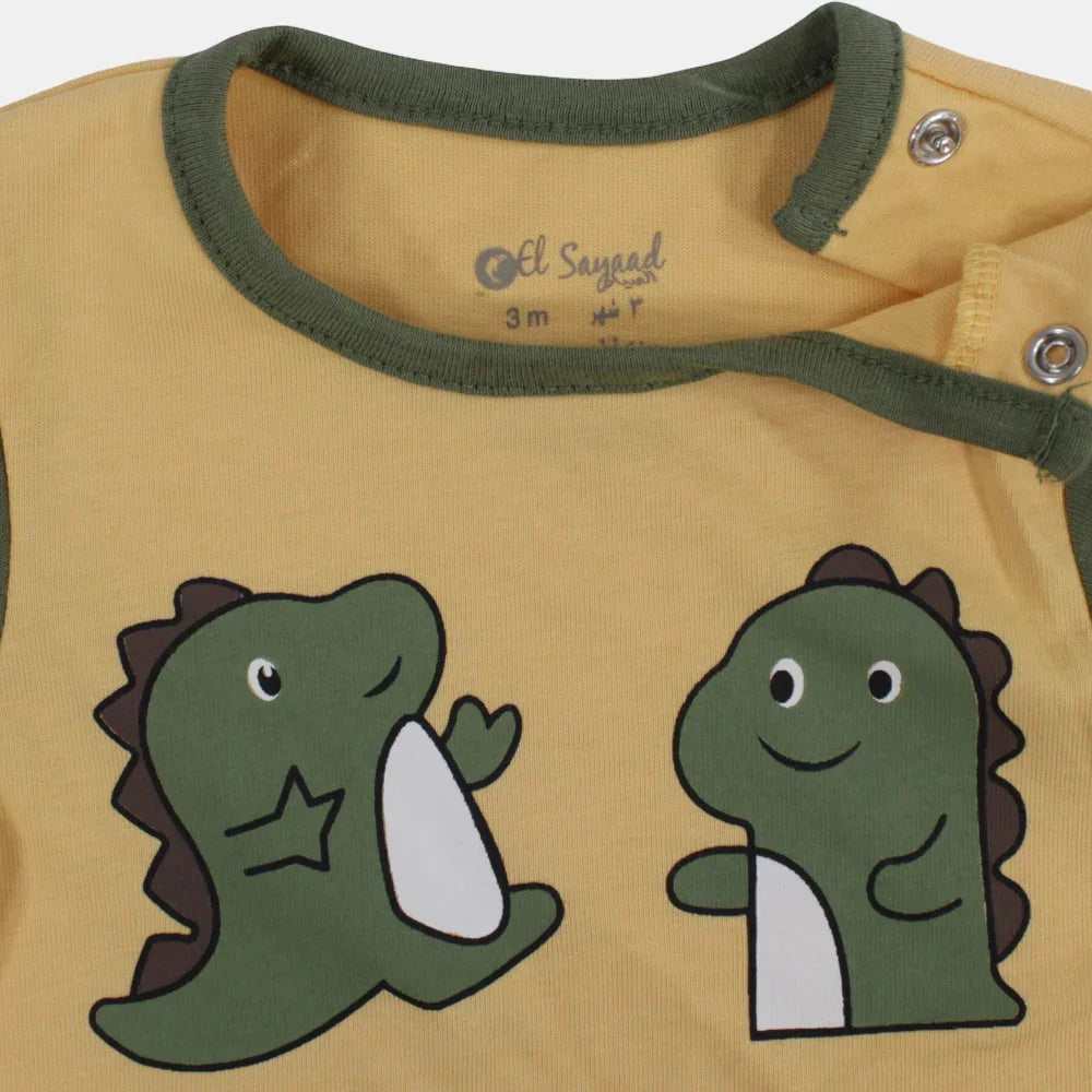 Baby Boys Cotton Romper – Yellow with Dinosaurs Print