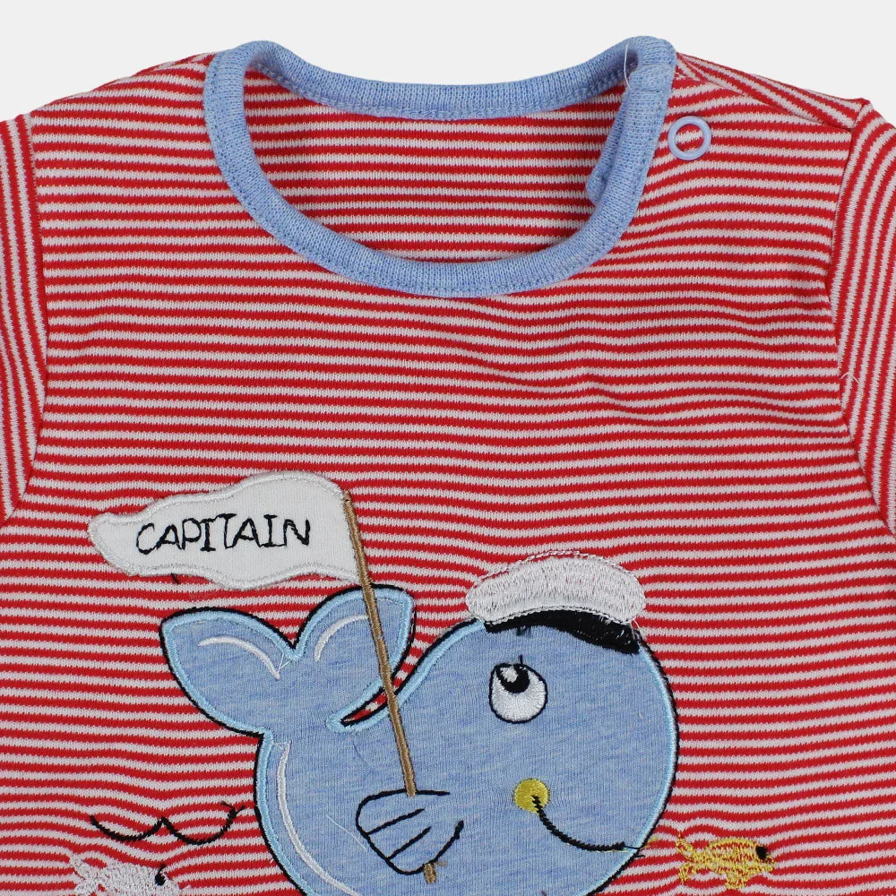 Baby Boys Cotton Romper – Red Striped with Dolphin Design