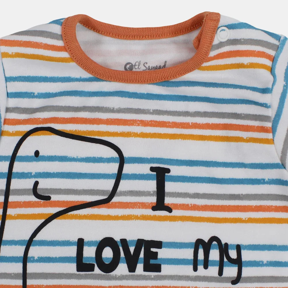 Baby Boys Cotton Romper – Off-White Striped “I Love My Daddy”