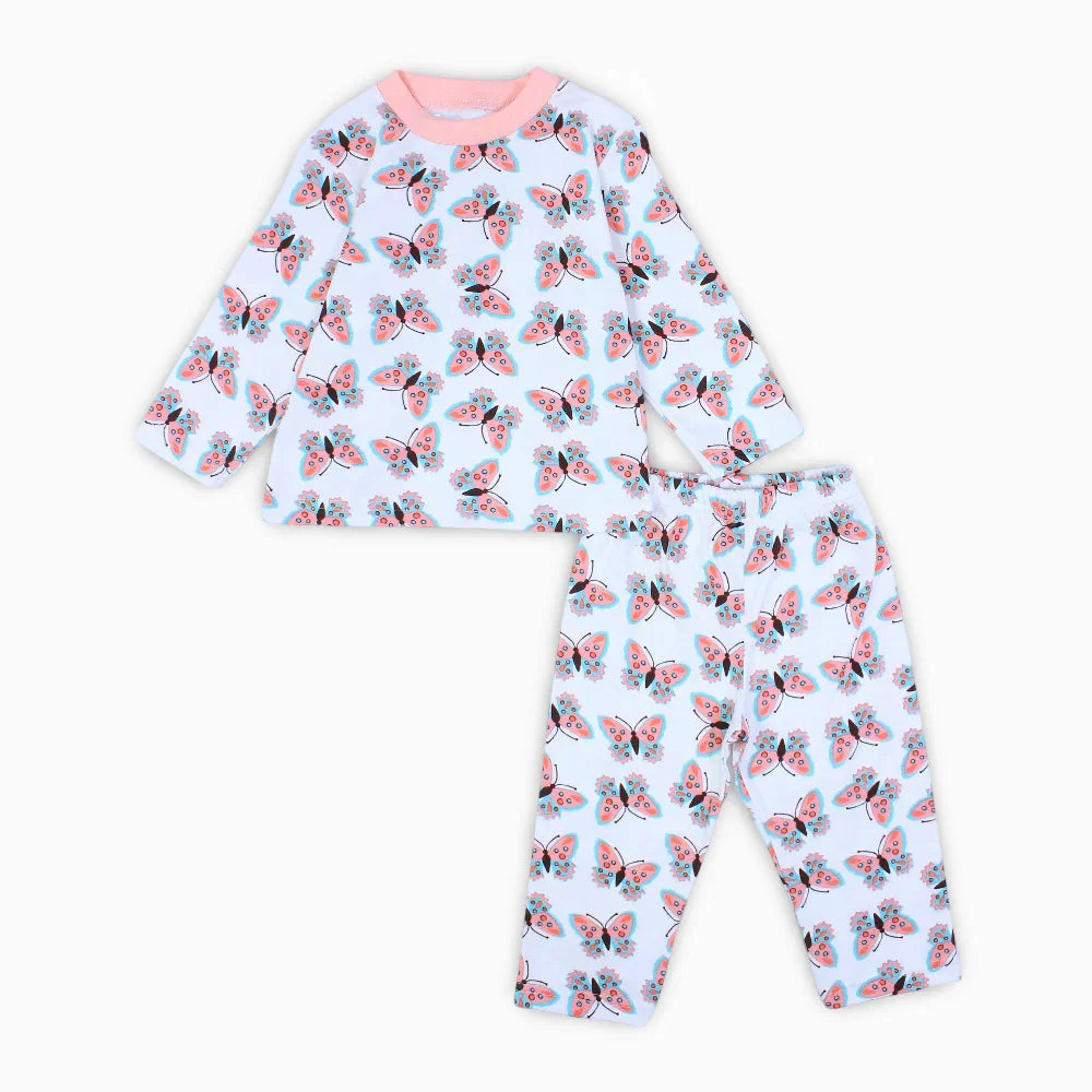 Girls Cotton Pajama Set – Off-White & Pink with Butterfly Print - Clothing - Al Sayad