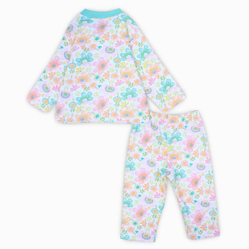 Girls Cotton Pajama Set – Off-White & Aqua with Flowers Print