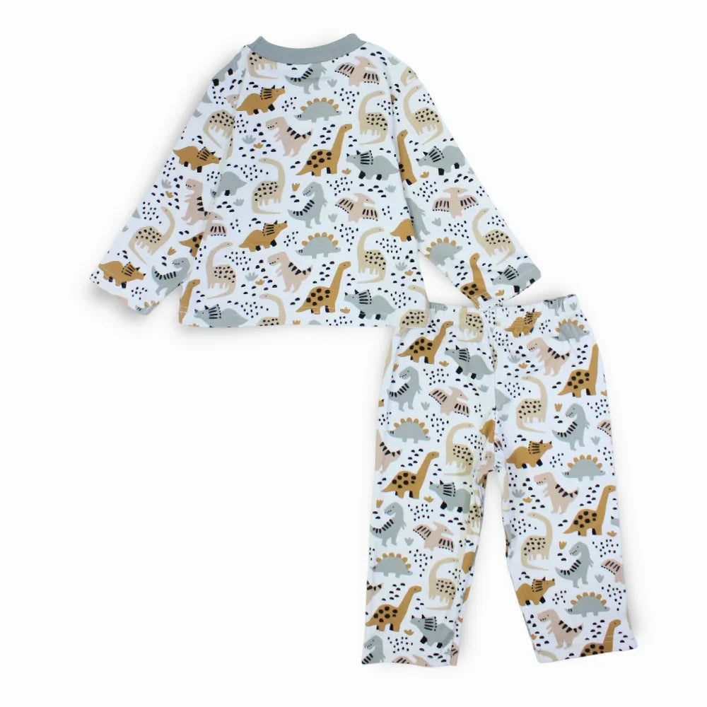 Boys Cotton Pajama Set – Off-White & Grey with Dino Print