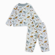 Boys Cotton Pajama Set – Off-White & Grey with Dino Print
