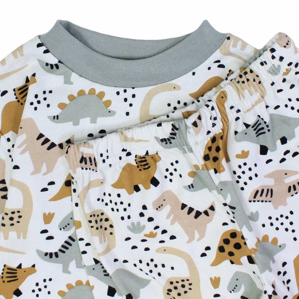 Boys Cotton Pajama Set – Off-White & Grey with Dino Print
