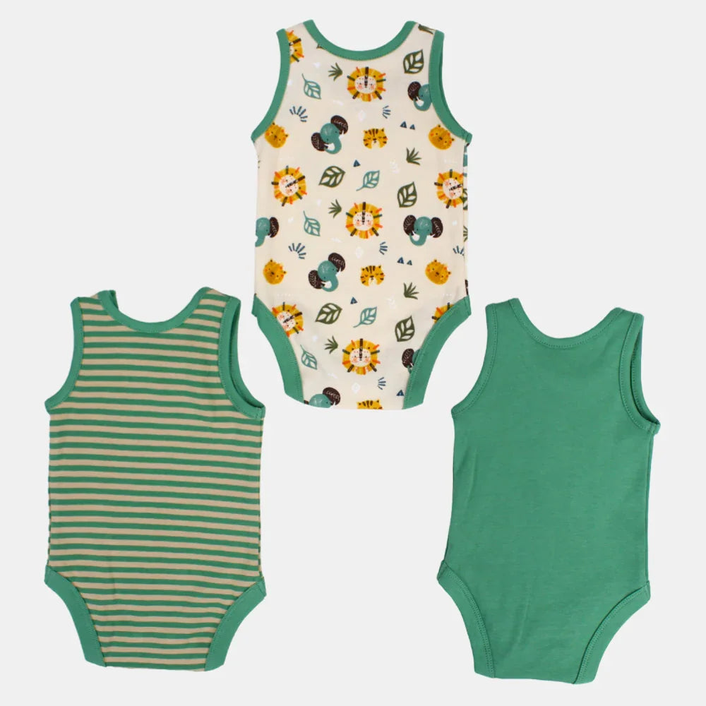 Pack of 3 - Baby Boys Cotton Underwear Bodysuit Greenish with Animal Prints