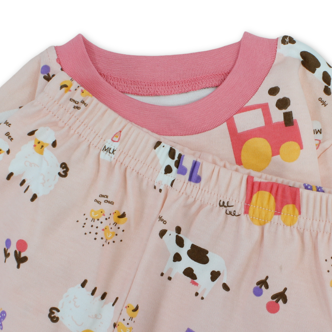 Baby Girls Cotton Pajama – Pink with Farm Animals Print
