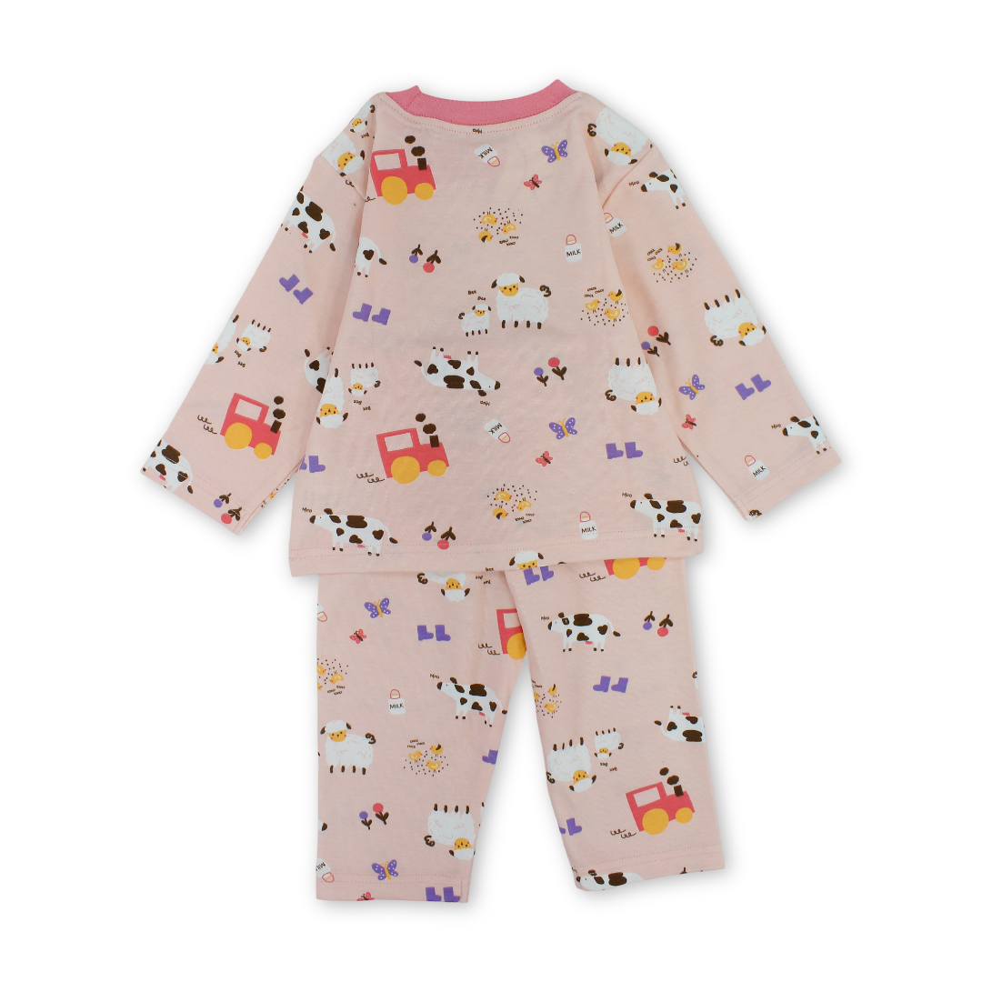 Baby Girls Cotton Pajama – Pink with Farm Animals Print