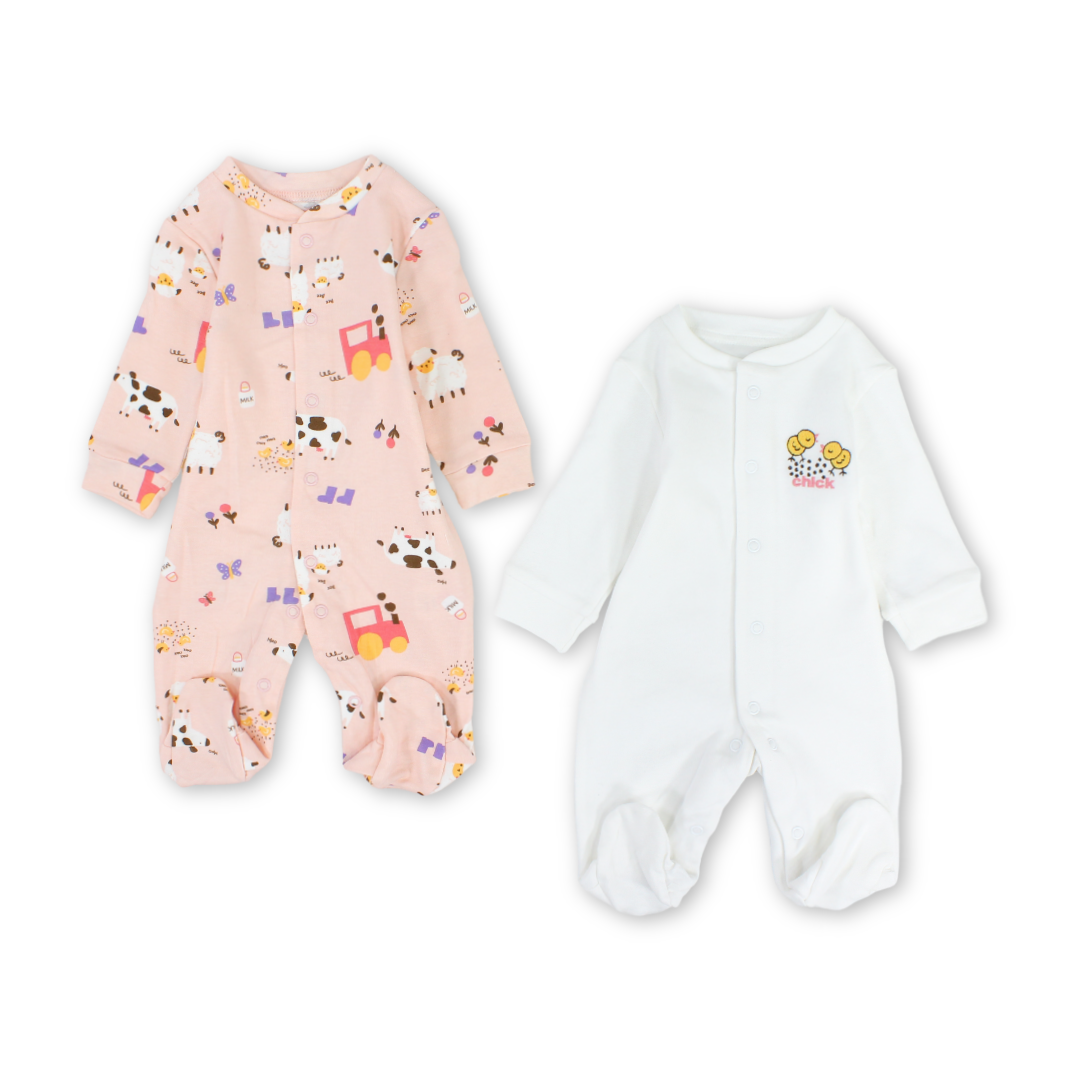 Baby Girls Cotton Baby Footie – Salmon & White with Farm Animals Print - Clothing - Al Sayad