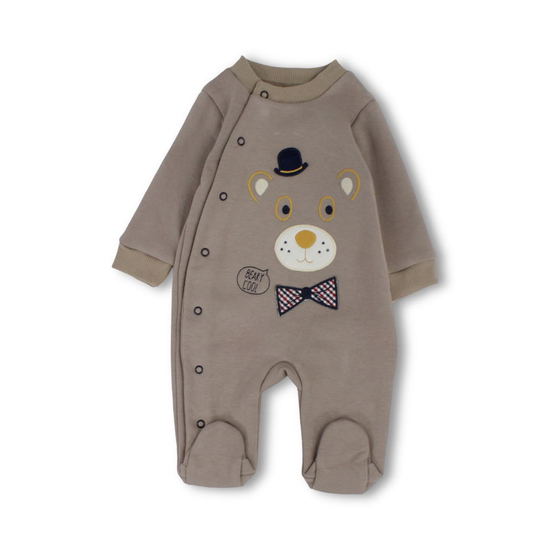 Baby Boys Cotton Baby Footie – Beige with Bear Print
