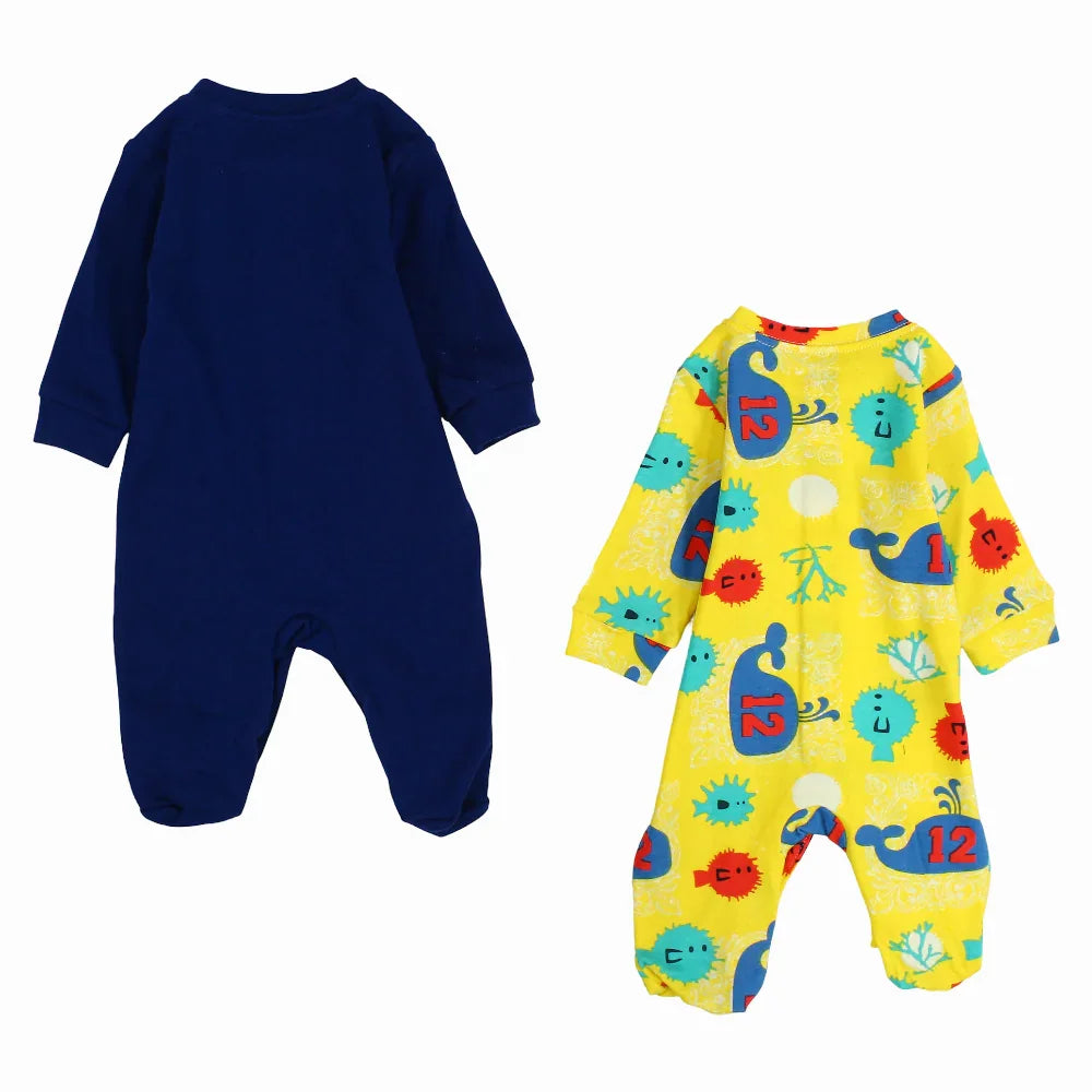 Pack of 2 - Baby Boys Cotton Baby Footie Navy & Yellow