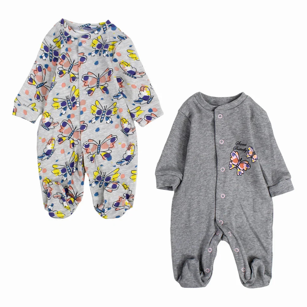 Baby Girls Cotton Baby Footie – Grey with Butterfly Print (2Pack) - Clothing - Al Sayad