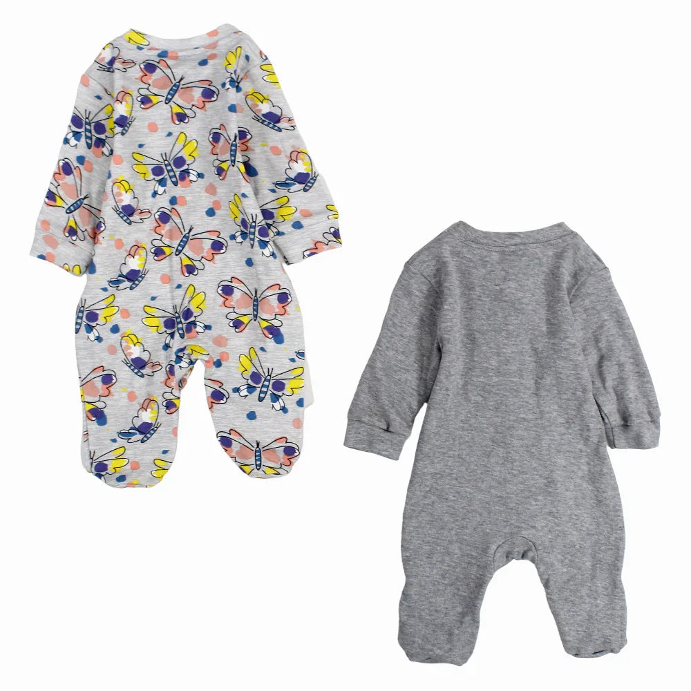 Baby Girls Cotton Baby Footie – Grey with Butterfly Print (2Pack)