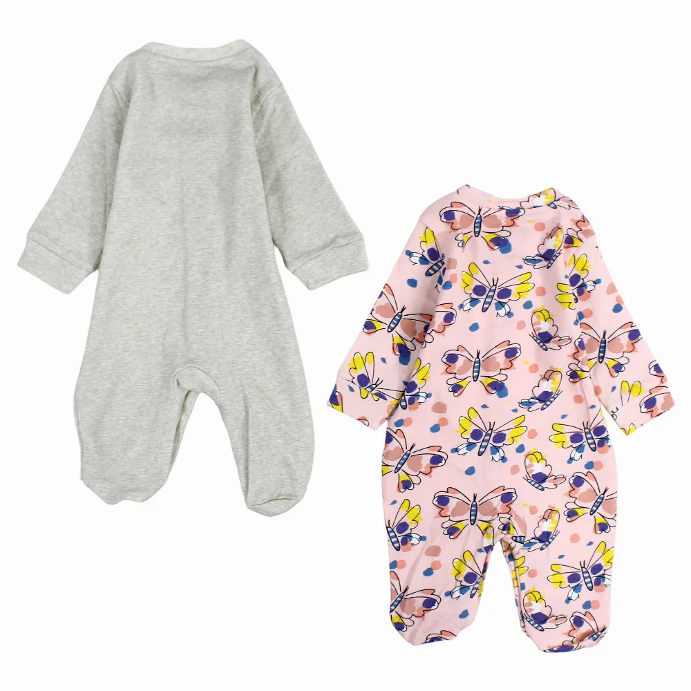 Pack of 2 - Baby Girls Cotton Baby Footie Grey & Pink with Butterfly Print