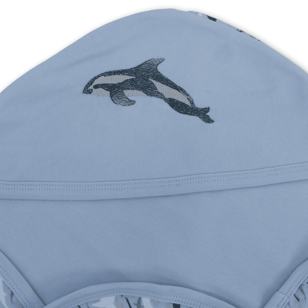 Cotton Baby Blanket – Baby Blue with Dolphin Embroidery