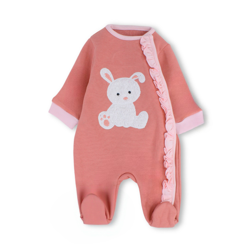 Baby Girls Cotton Baby Footie – Salmon with Rabbit Print