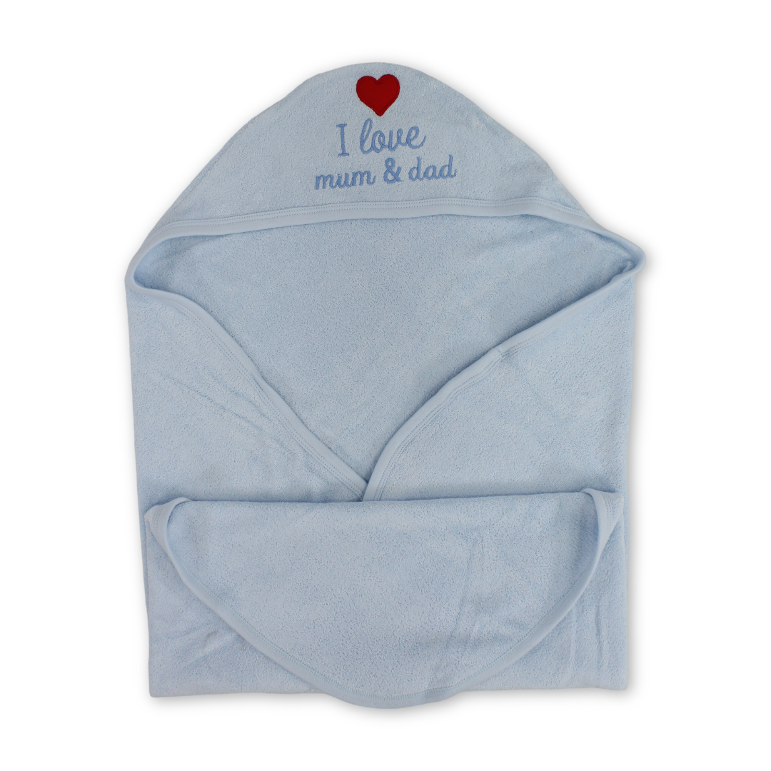 Cotton Hooded Towel – Baby Blue with "I Love Mom & Dad" Design (70*50) - Baby Essentials - Al Sayad