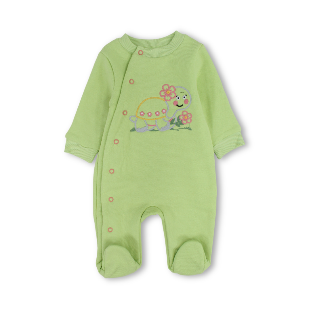 Baby Girls Cotton Baby Footie – Pistachio with Turtle Embroidery
