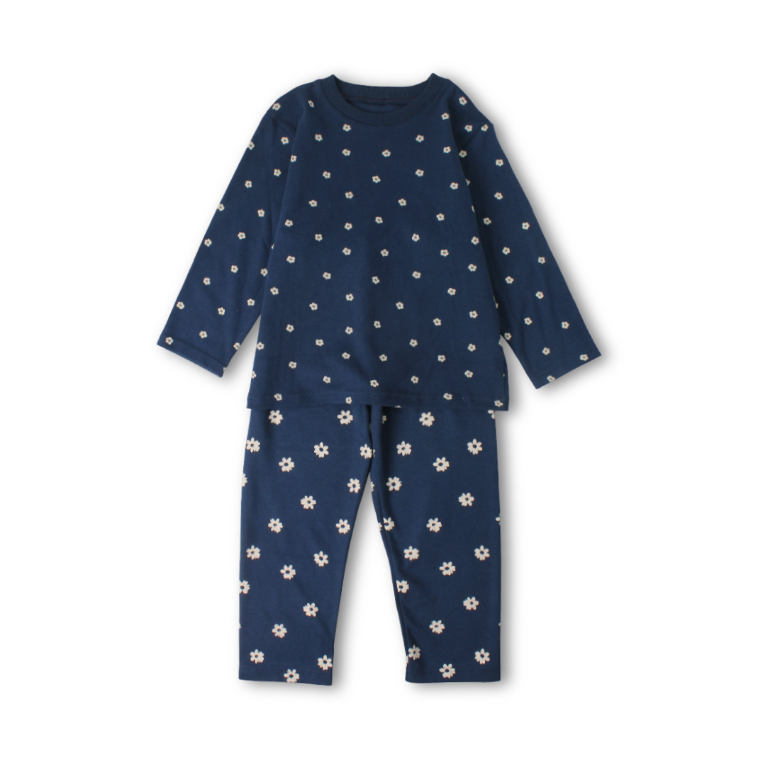 Girls Cotton Pajama – Navy with Flowers Print
