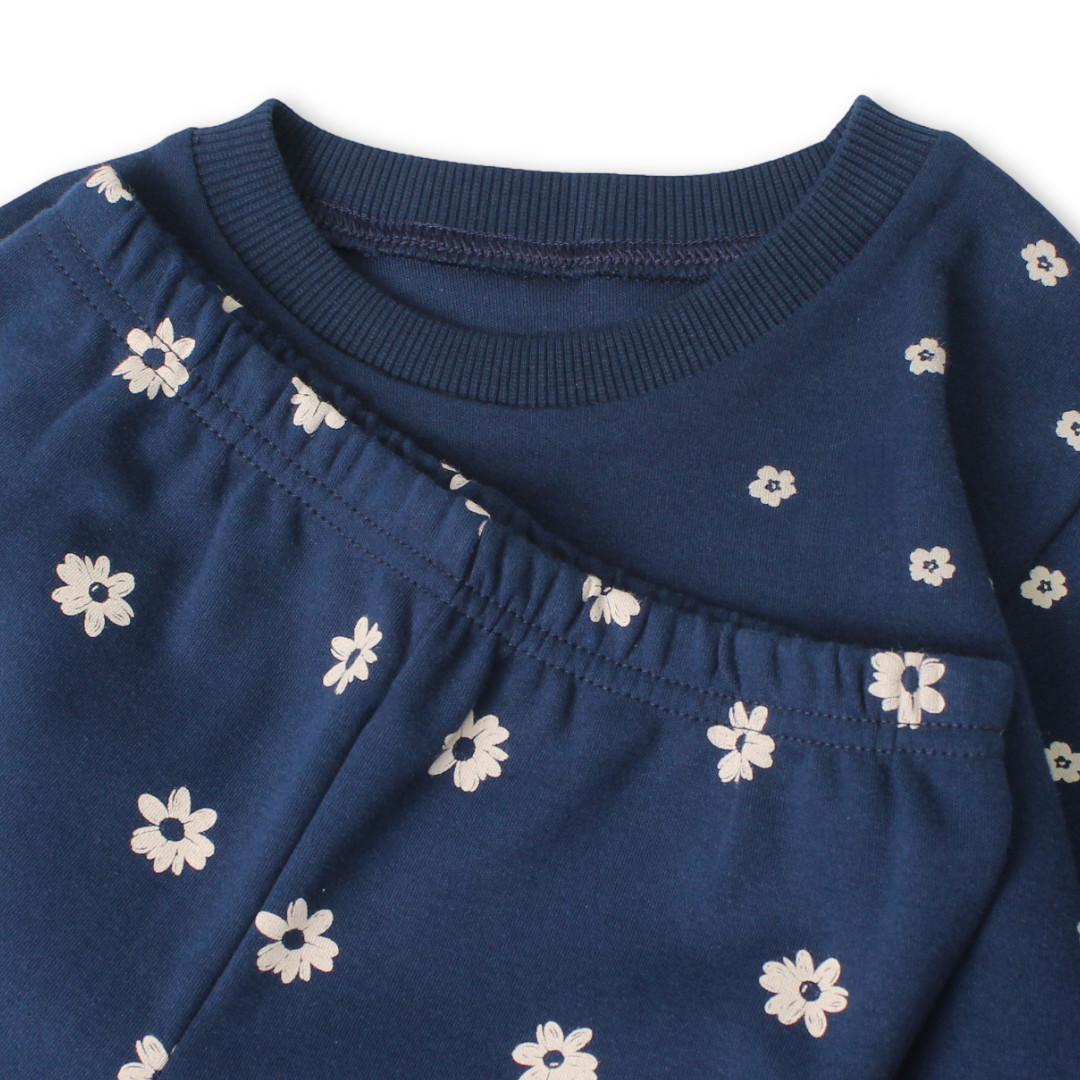Girls Cotton Pajama – Navy with Flowers Print