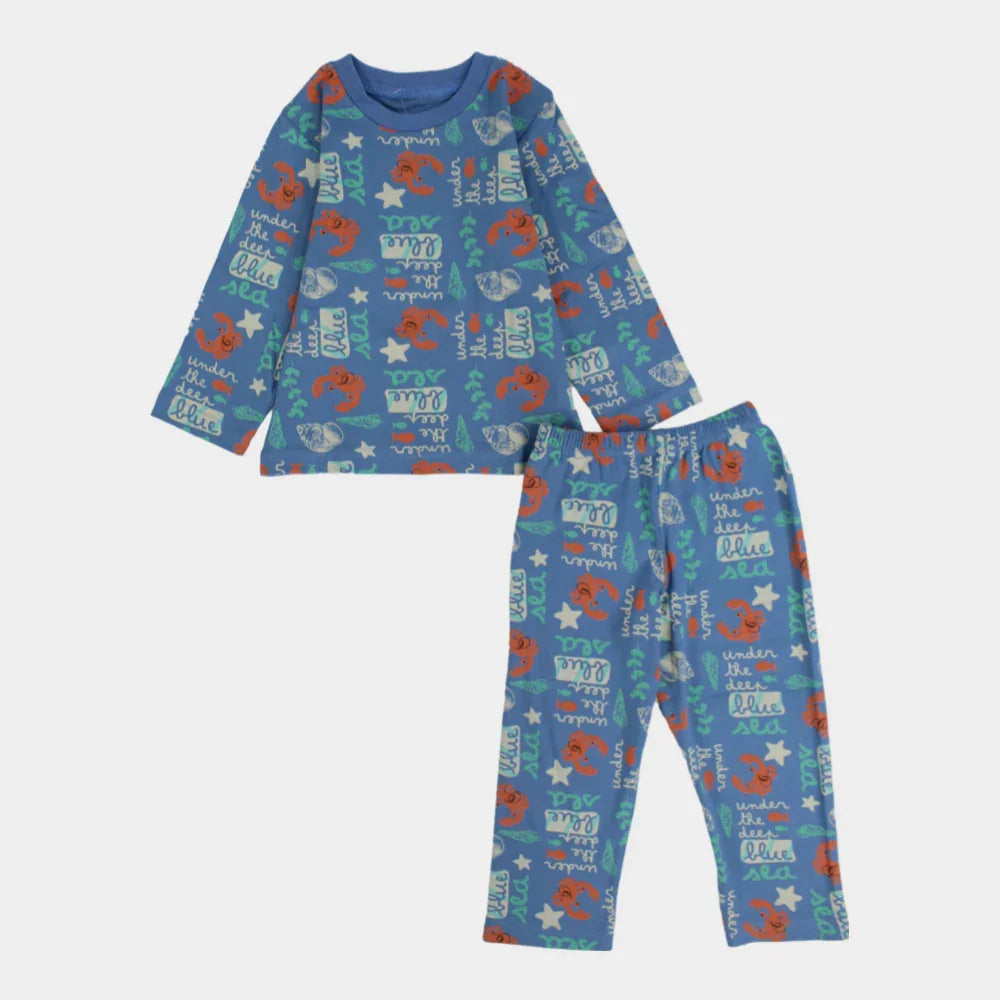 Boys Cotton Pajama Set – Blue with “Under the Sea” Print