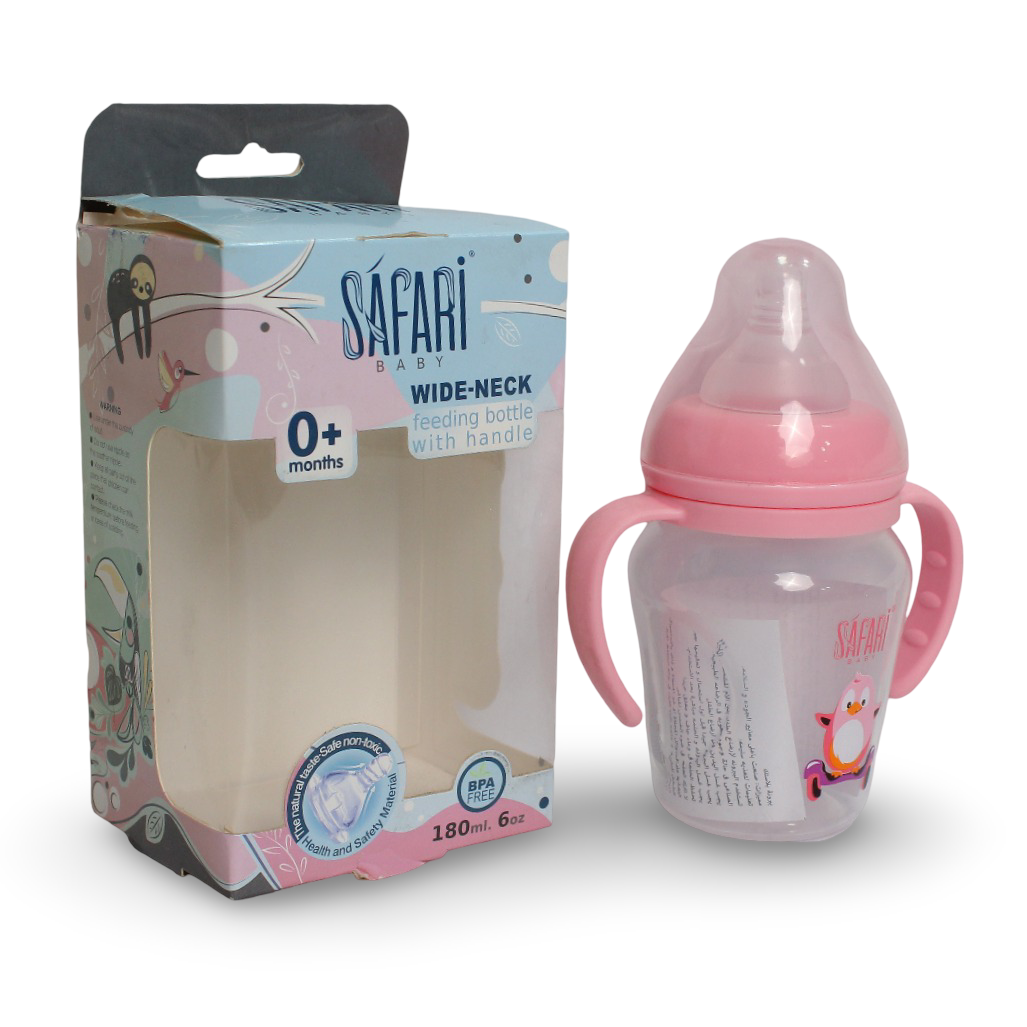 Safari Baby Wide-Neck Feeding Bottle with Handle 180 ml – Pink - Baby Essentials