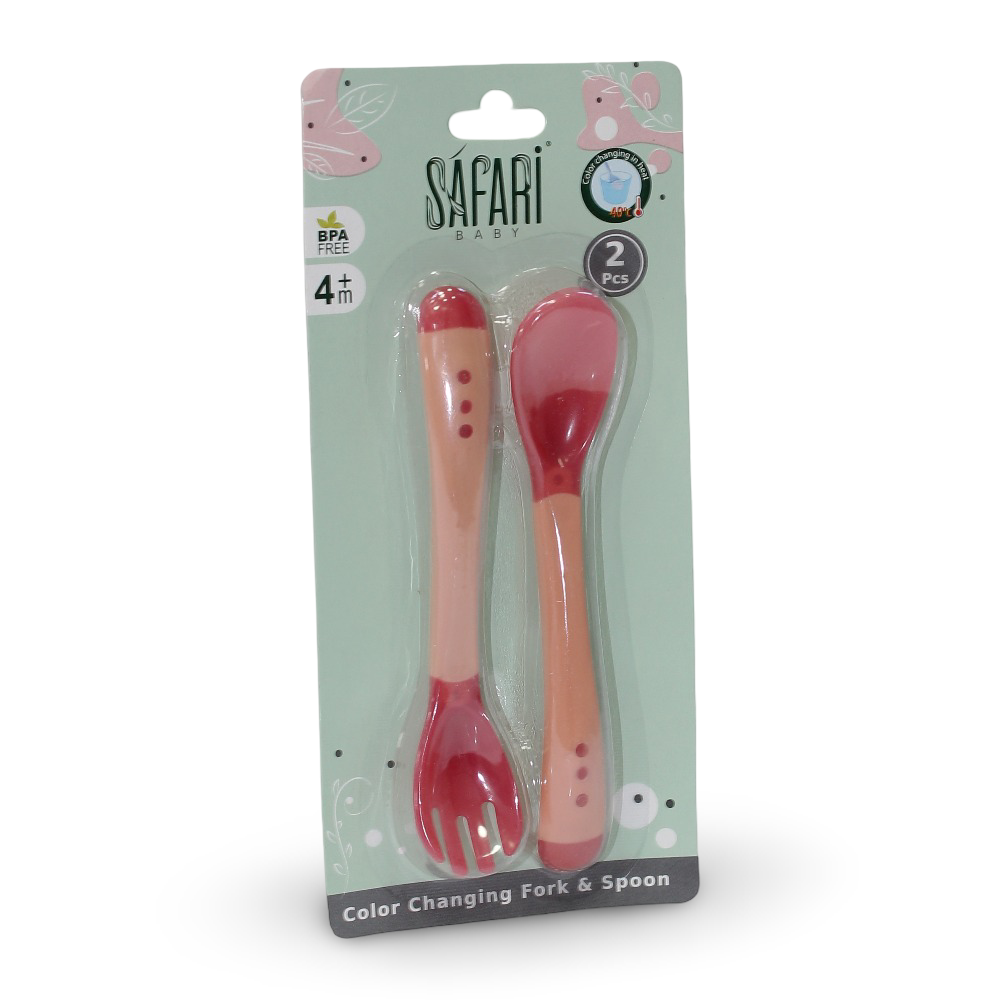 Safari Baby Color Changing Feeding Spoon & Fork +4m – 2Pcs - Baby Essentials
