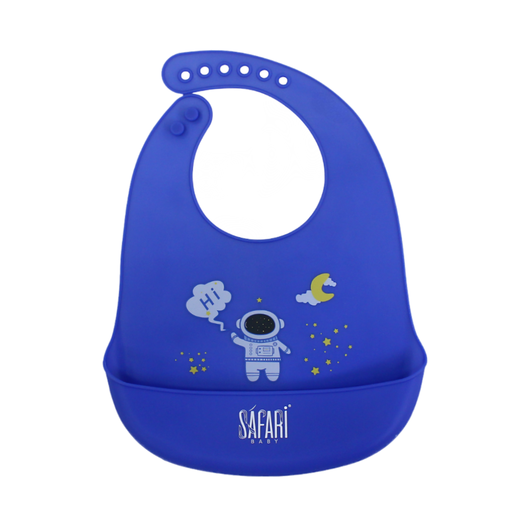 Safari Baby Silicone Bib – Blue with Space Print - Baby Essentials