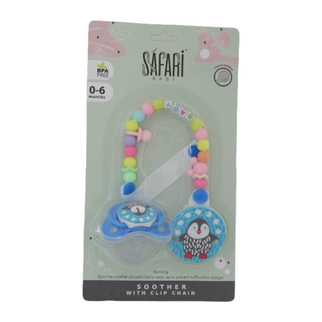 Safari Baby Soother with Clip Chain 0-6M – Blue Penguin