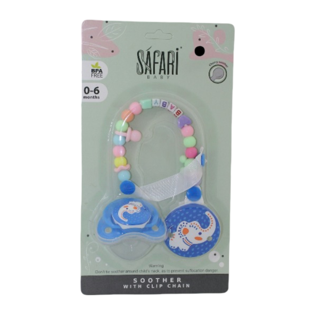 Safari Baby Soother with Clip Chain 0-6M – Blue Elephant