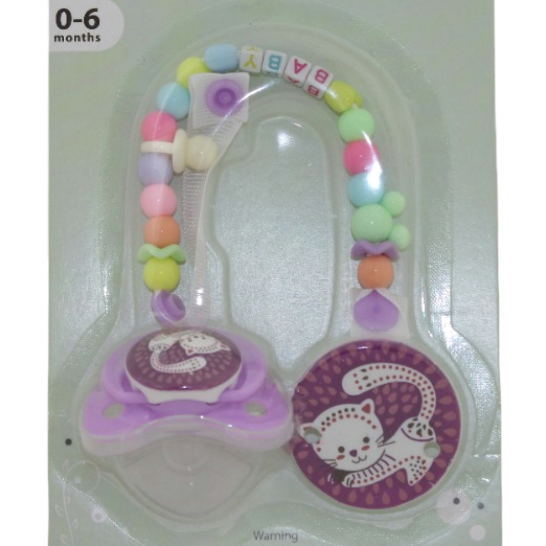 Safari Baby Soother with Clip Chain 0-6M – Purple Cat