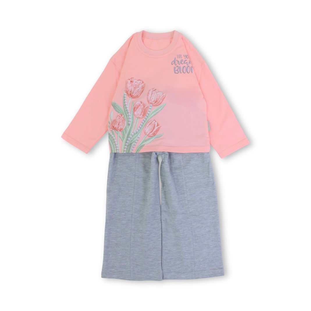 Girls Cotton Long-Sleeved Pajama – Flowers Print