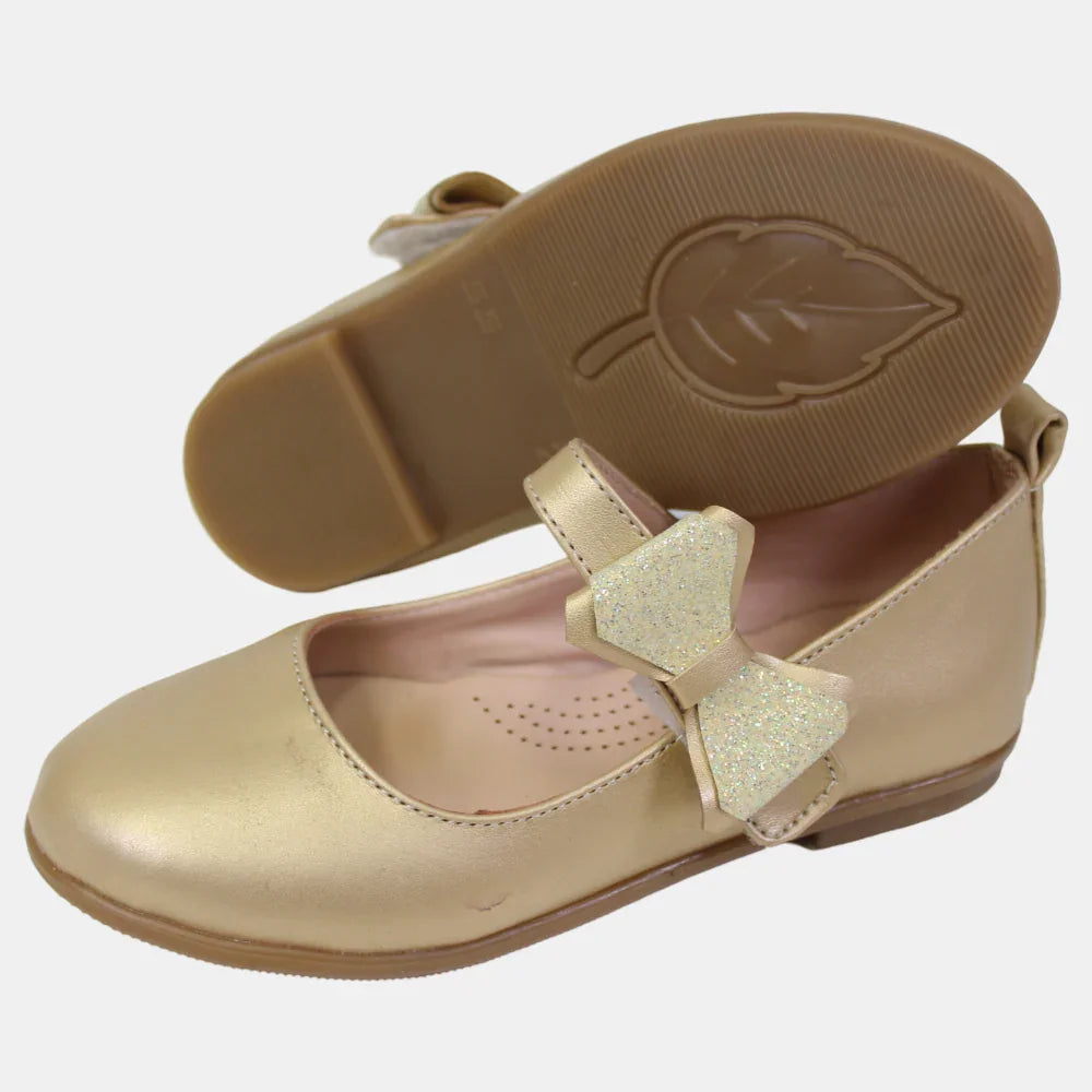 Girls Leather Shoes – Gold with a Bow