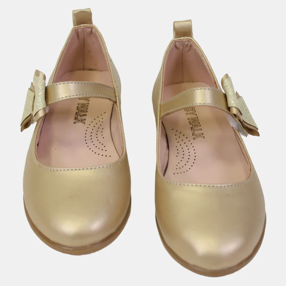 Girls Leather Shoes – Gold with a Bow