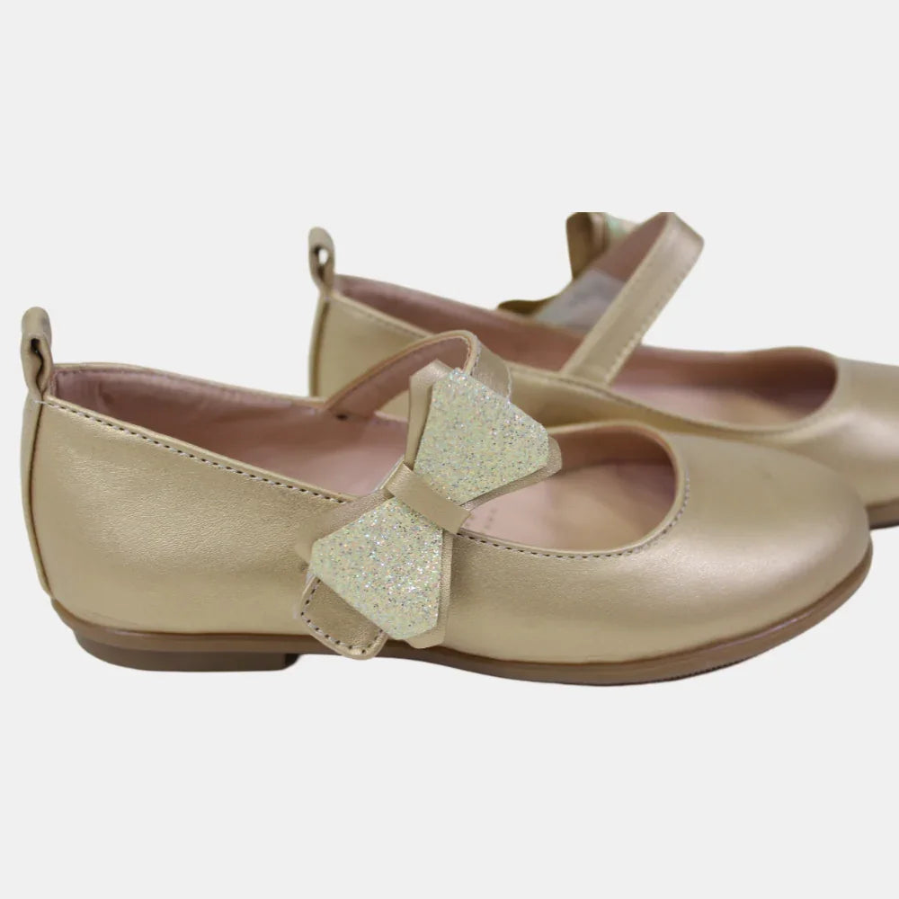 Girls Leather Shoes – Gold with a Bow