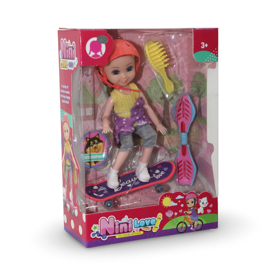 Nini Love Skateboard Doll Playset Doll with Helmet & Hairbrush – Yellow - Toys