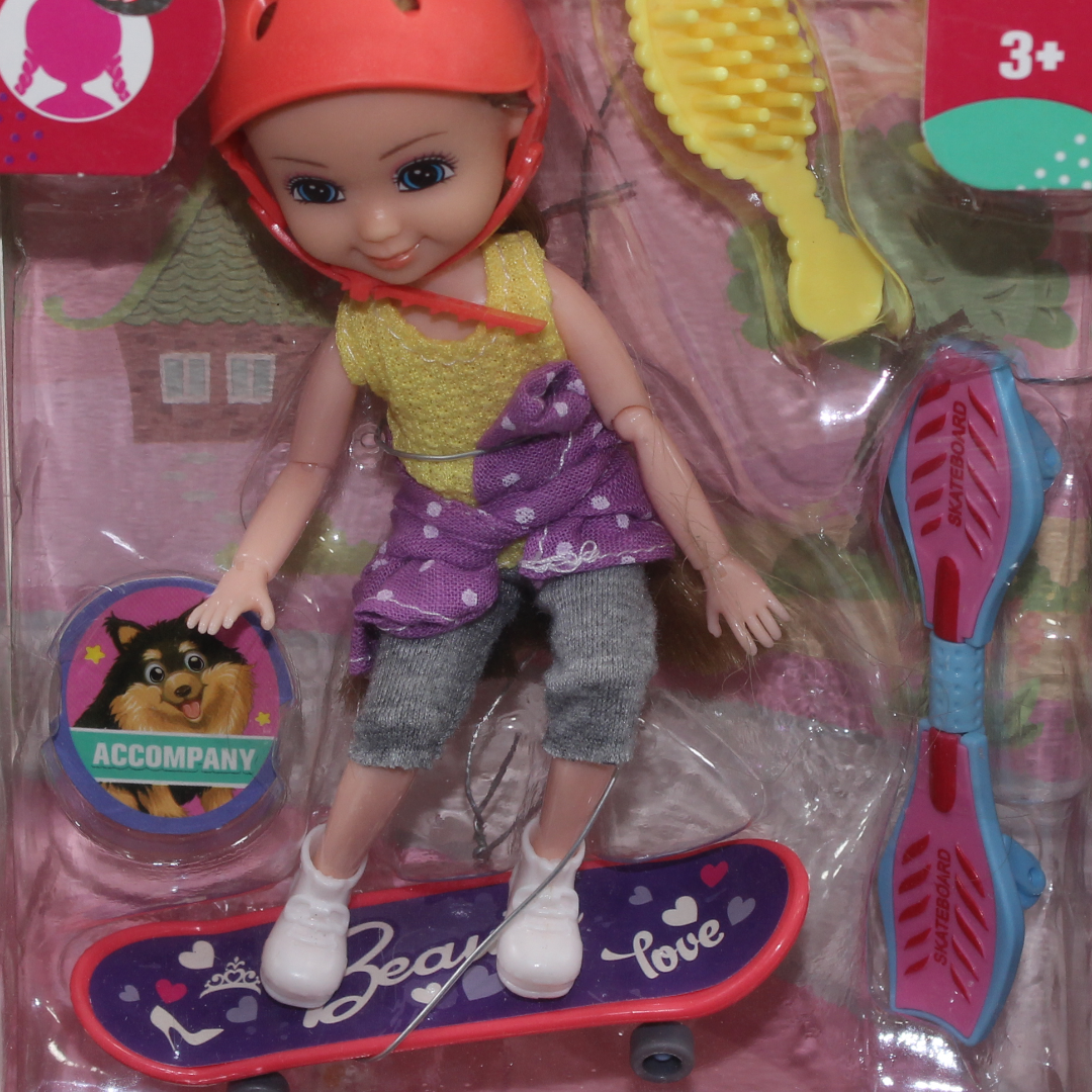 Nini Love Skateboard Doll Playset Doll with Helmet & Hairbrush – Yellow