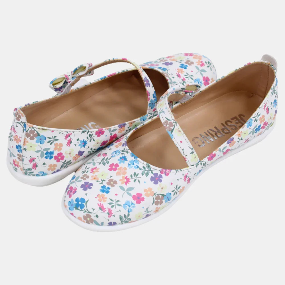 Girls Leather Shoes – White with Colorful Floral Detail