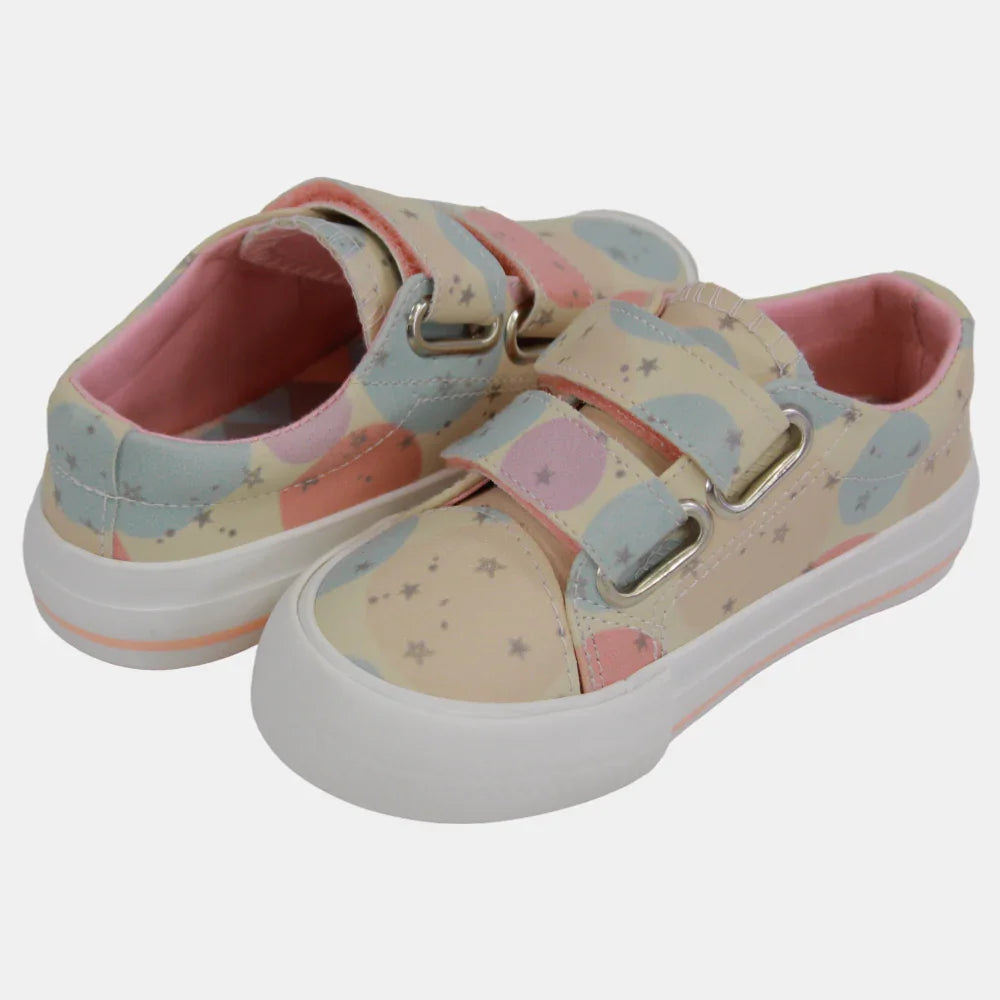 Girls' Leather Sneakers – Beige with Circle Design