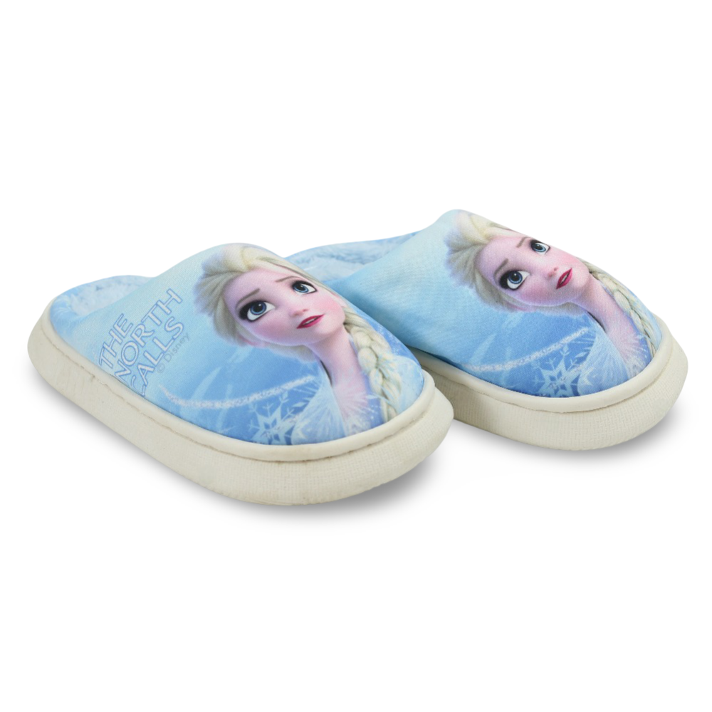 Girls Fur Slippers – Baby Blue with Frozen “The North Calls” Print - Clothing - Jespring