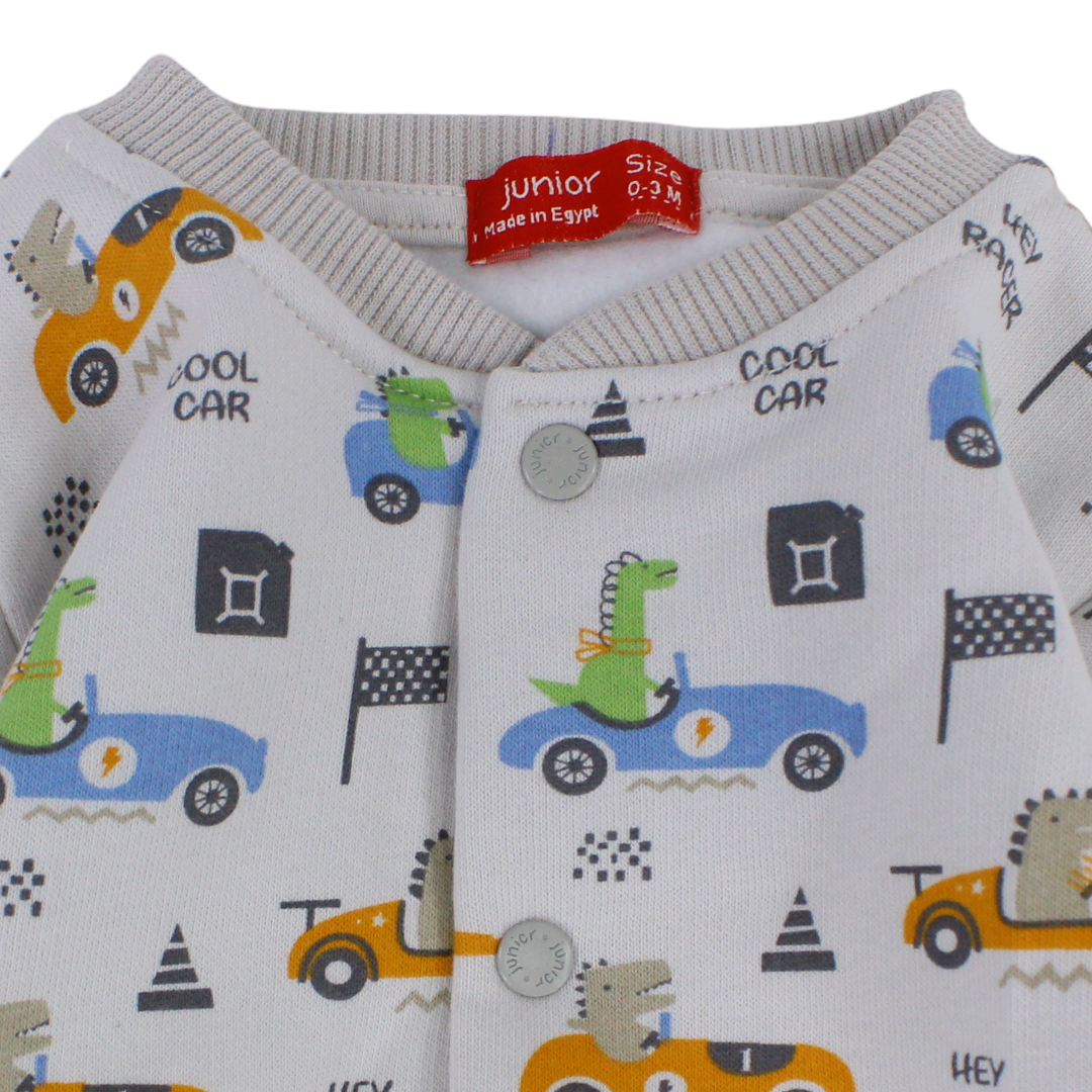 Baby Boys Cotton Footless Onesie – Off-White with Dino Racing Cars Print
