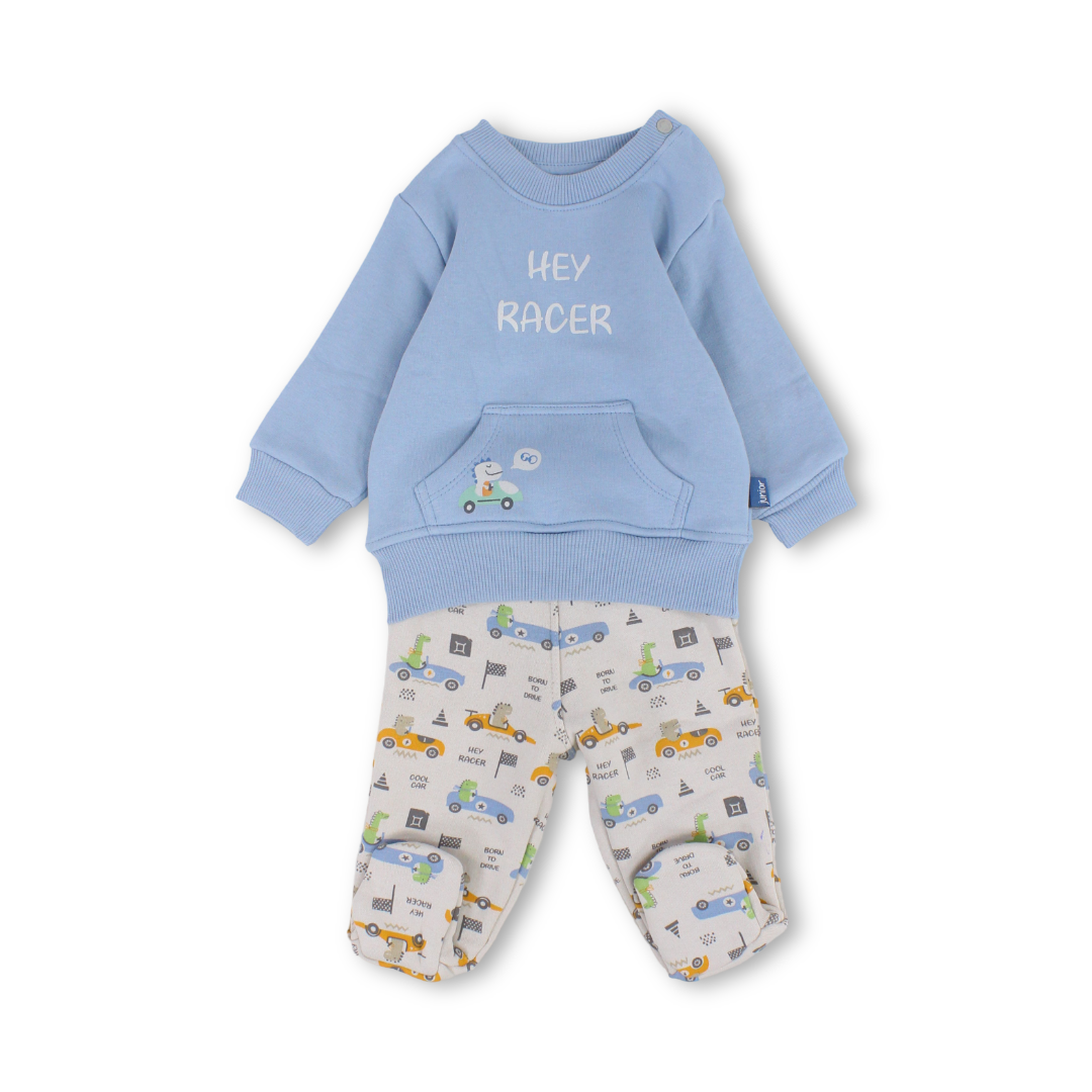 Baby Boys Cotton Pajama – Baby Blue with ”Hey Racer” Print